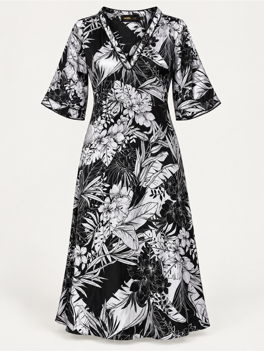 Fashion Nova Black & White Floral Maxi Dress with V-Neck